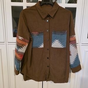 Source Unknown Brown Jean Jacket with Multicolor Accents